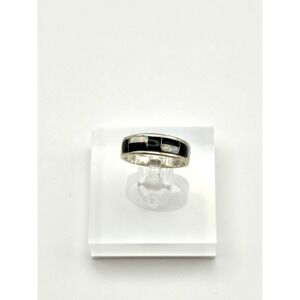 Native Handmade Black Onyx White Lab Opal Inlay‎ Sterling Silver Ring Size 5.75